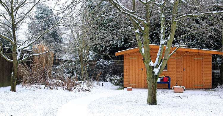 A backyard covered in snow